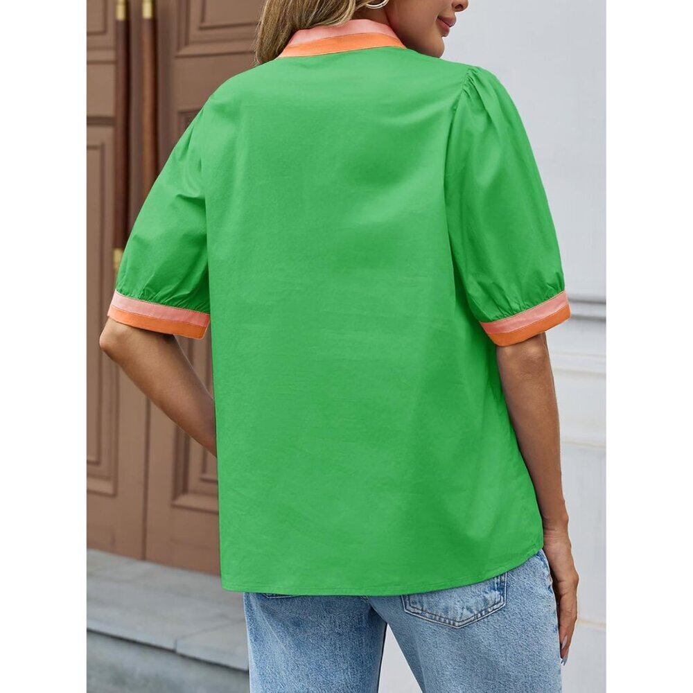 Women's Cotton Color Block Puff Sleeve V-Neck Blouse Casual Dressy Top - Picture 7 of 7